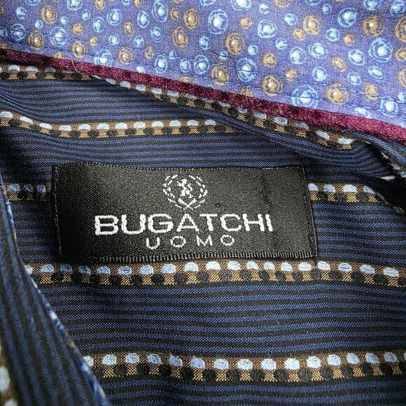 Bugatchi Uomo Shirt Mens 2XL Blue Brown Striped Long Sleeve Button Up Preppy - Picture 3 of 16